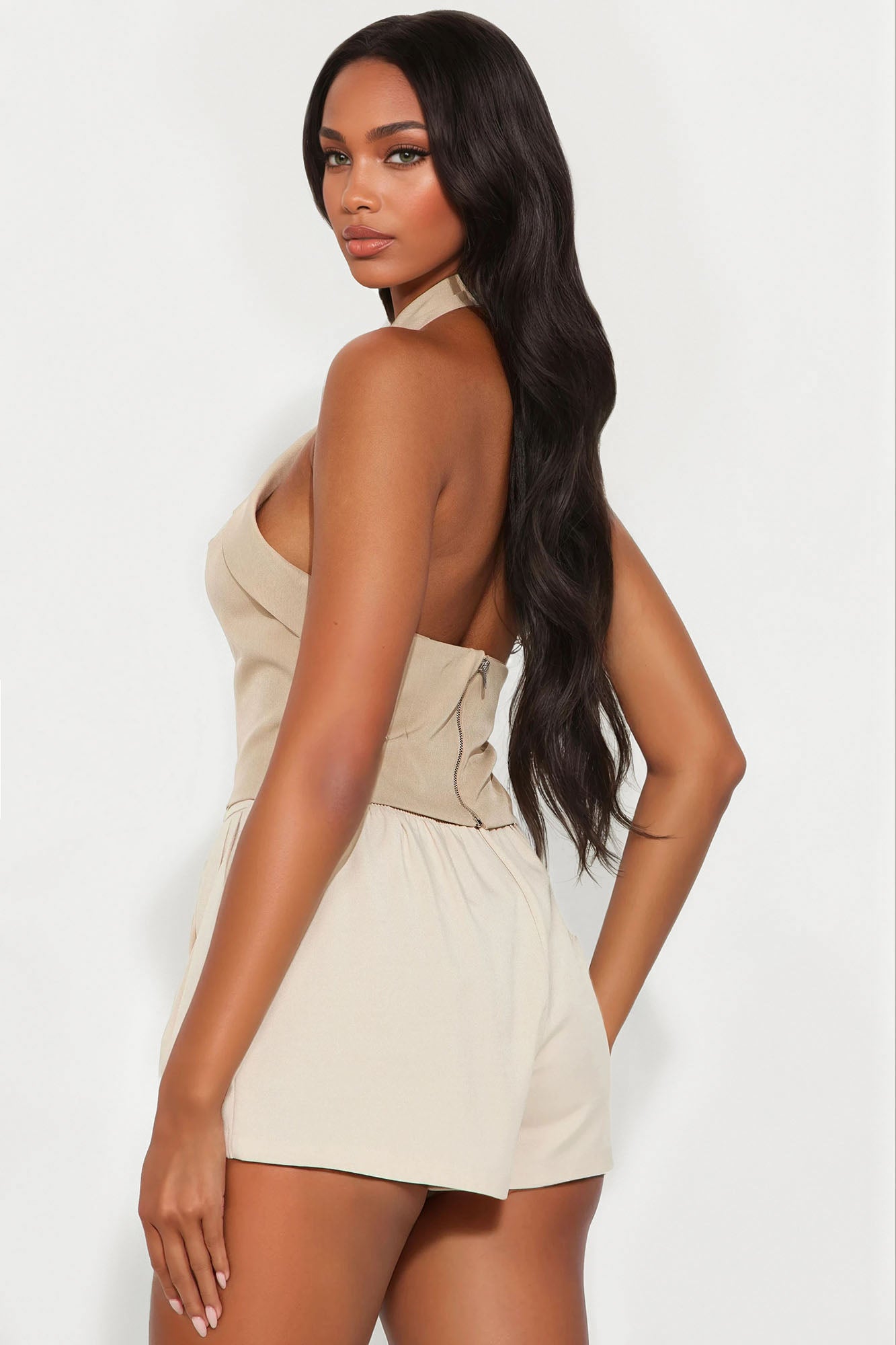 Shannon Crossed Halter Top - Taupe