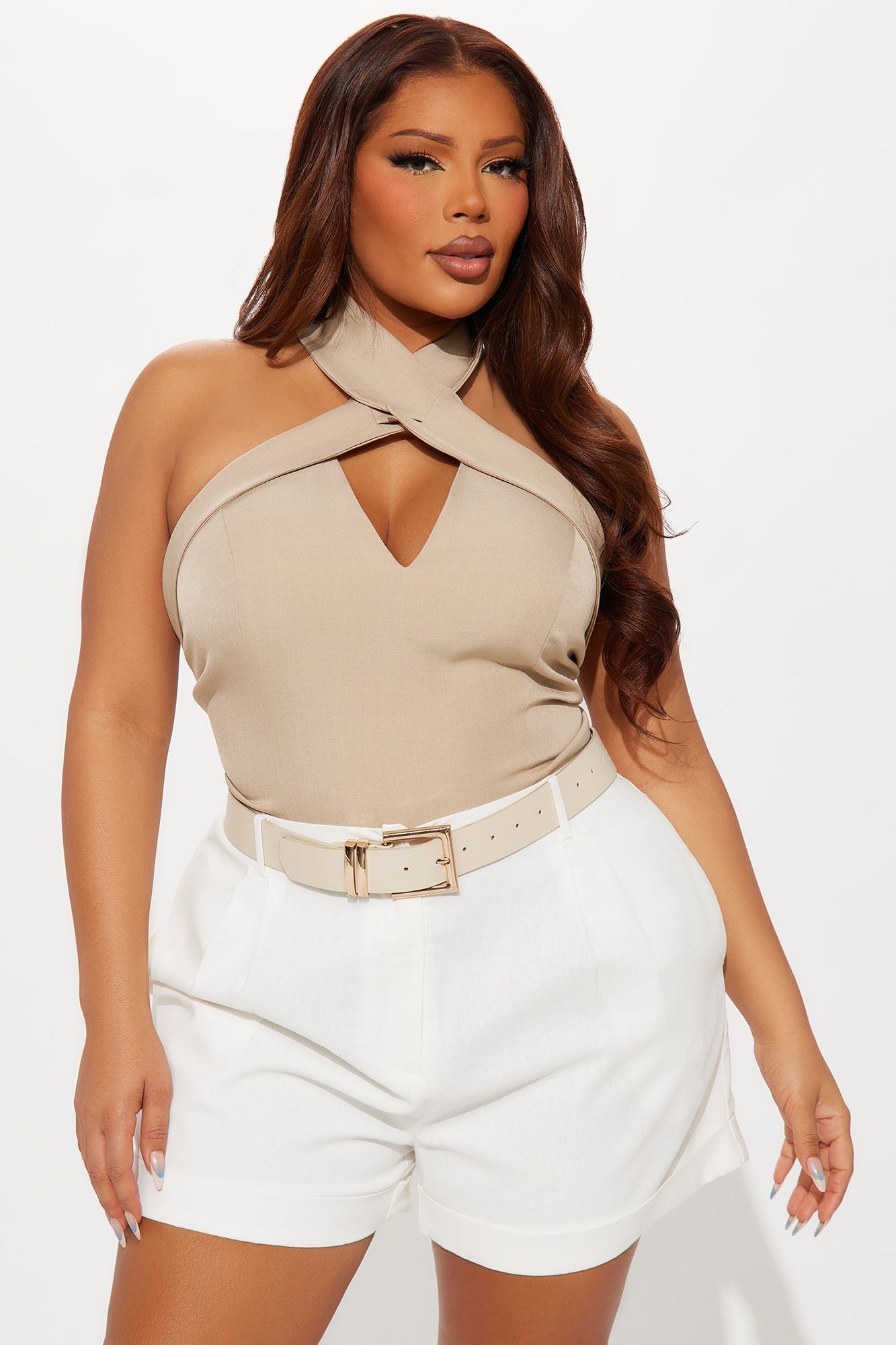 Shannon Crossed Halter Top - Taupe