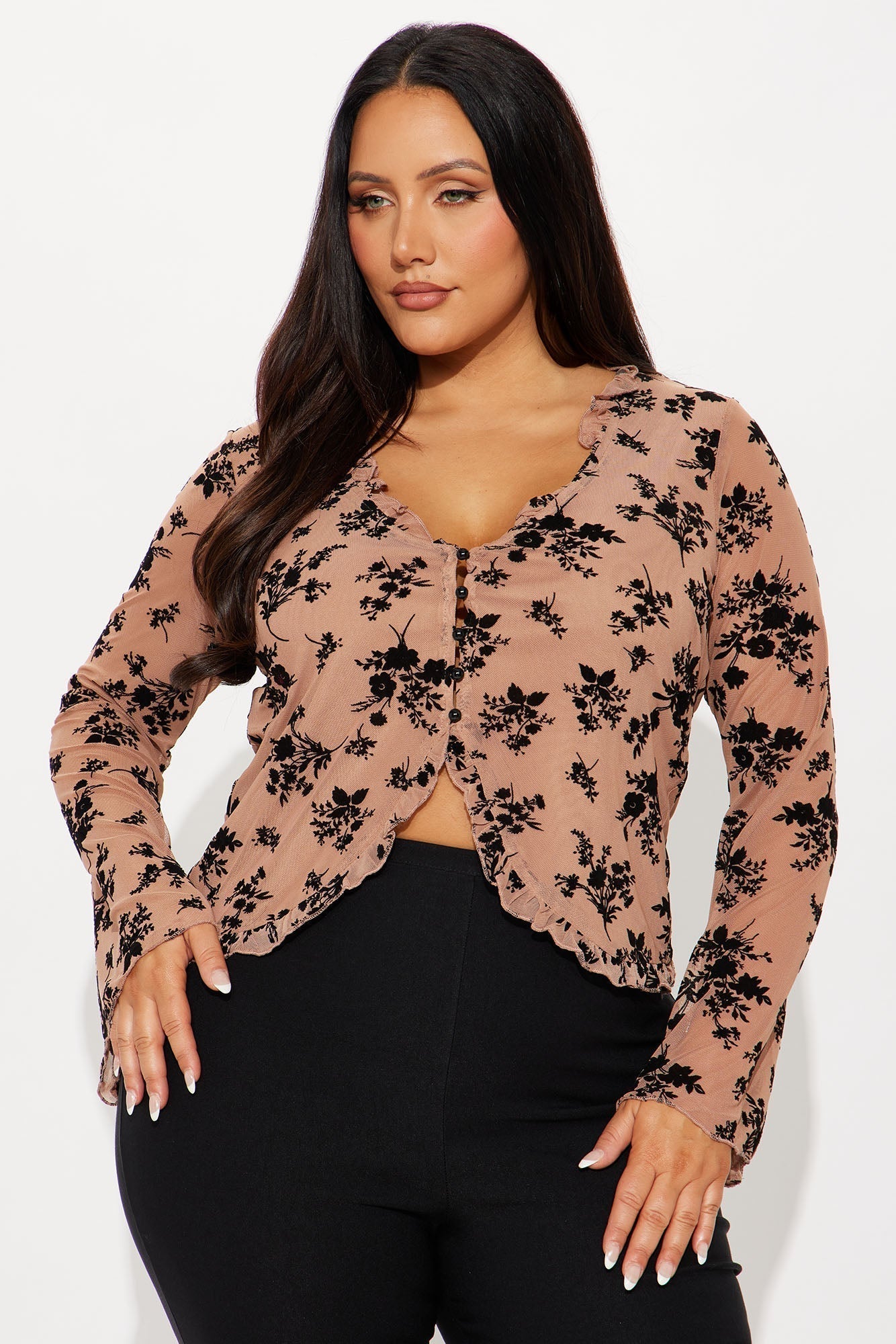 Marlee Mesh Button Up Top - Tan/Multi