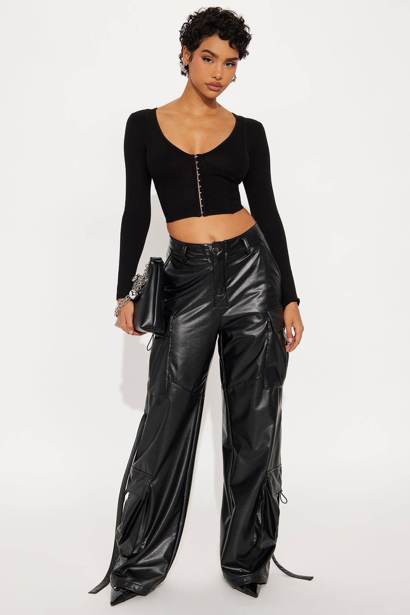 Aria Cropped Ribbed Long Sleeve Top - Black