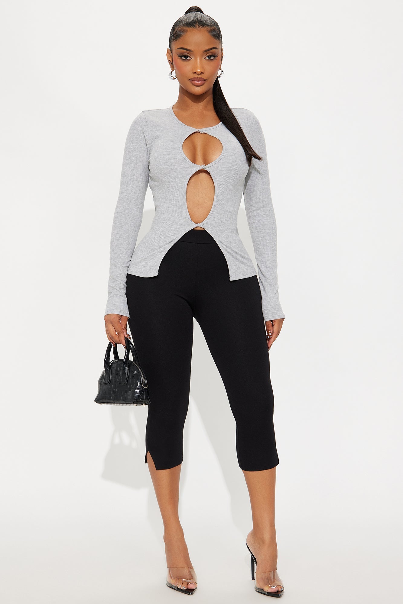 Effie Ribbed Cut Out Top - Heather Grey