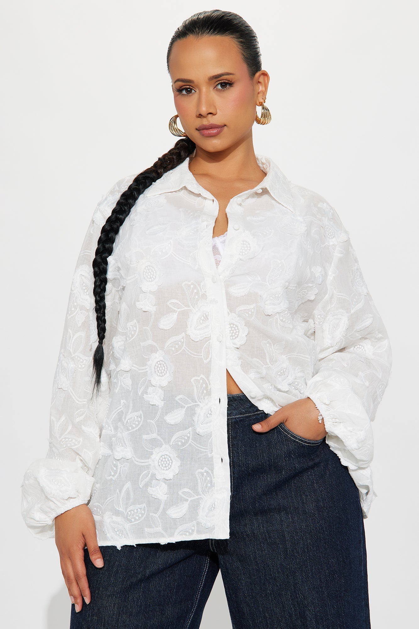 Garden Chic Floral Applique Shirt - White