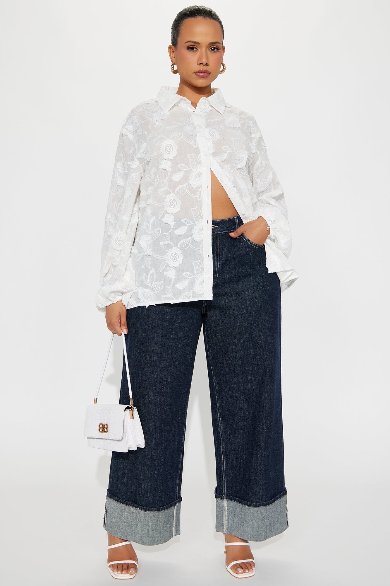 Garden Chic Floral Applique Shirt - White