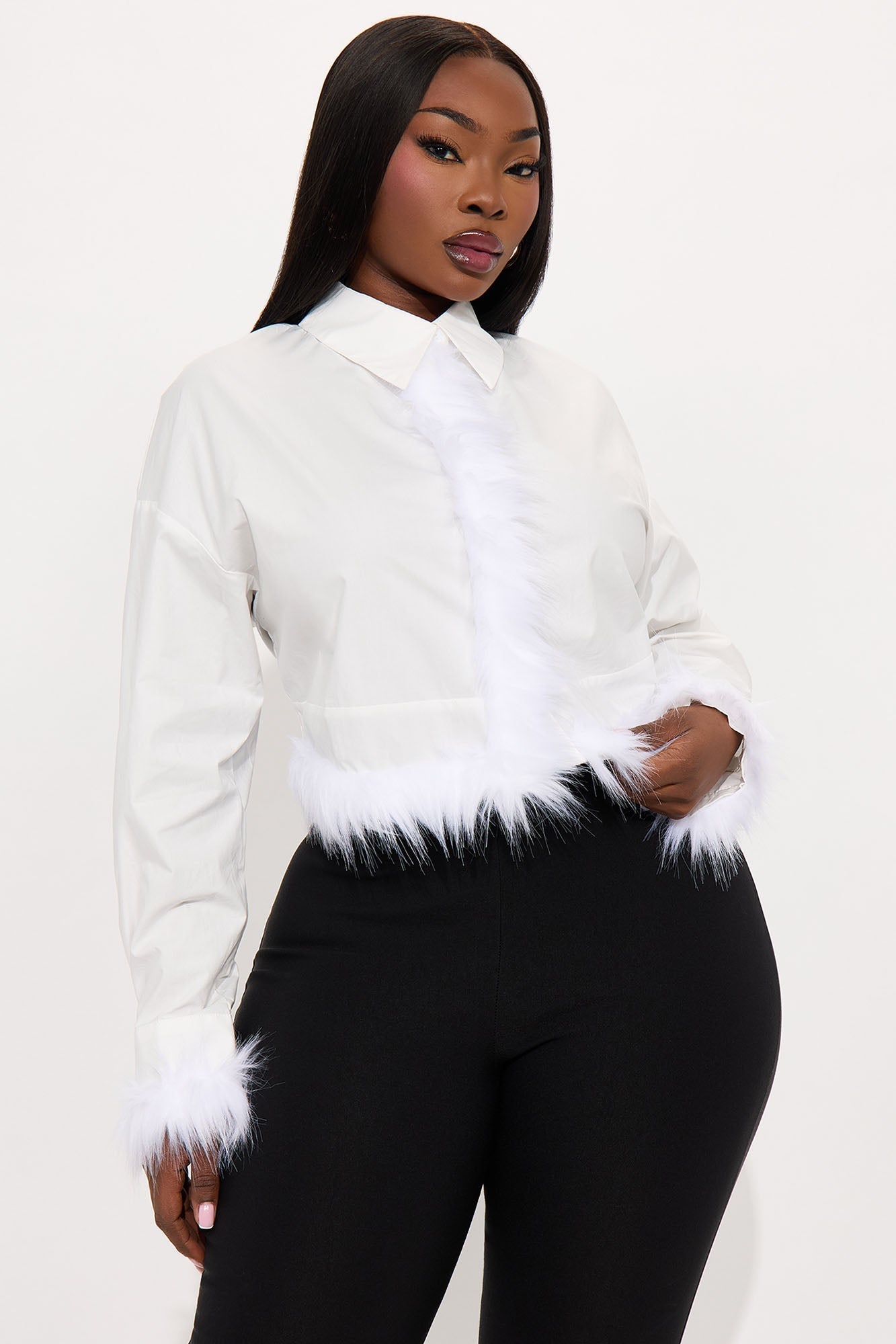 Stuck With Me Faux Fur Trim Shirt - White