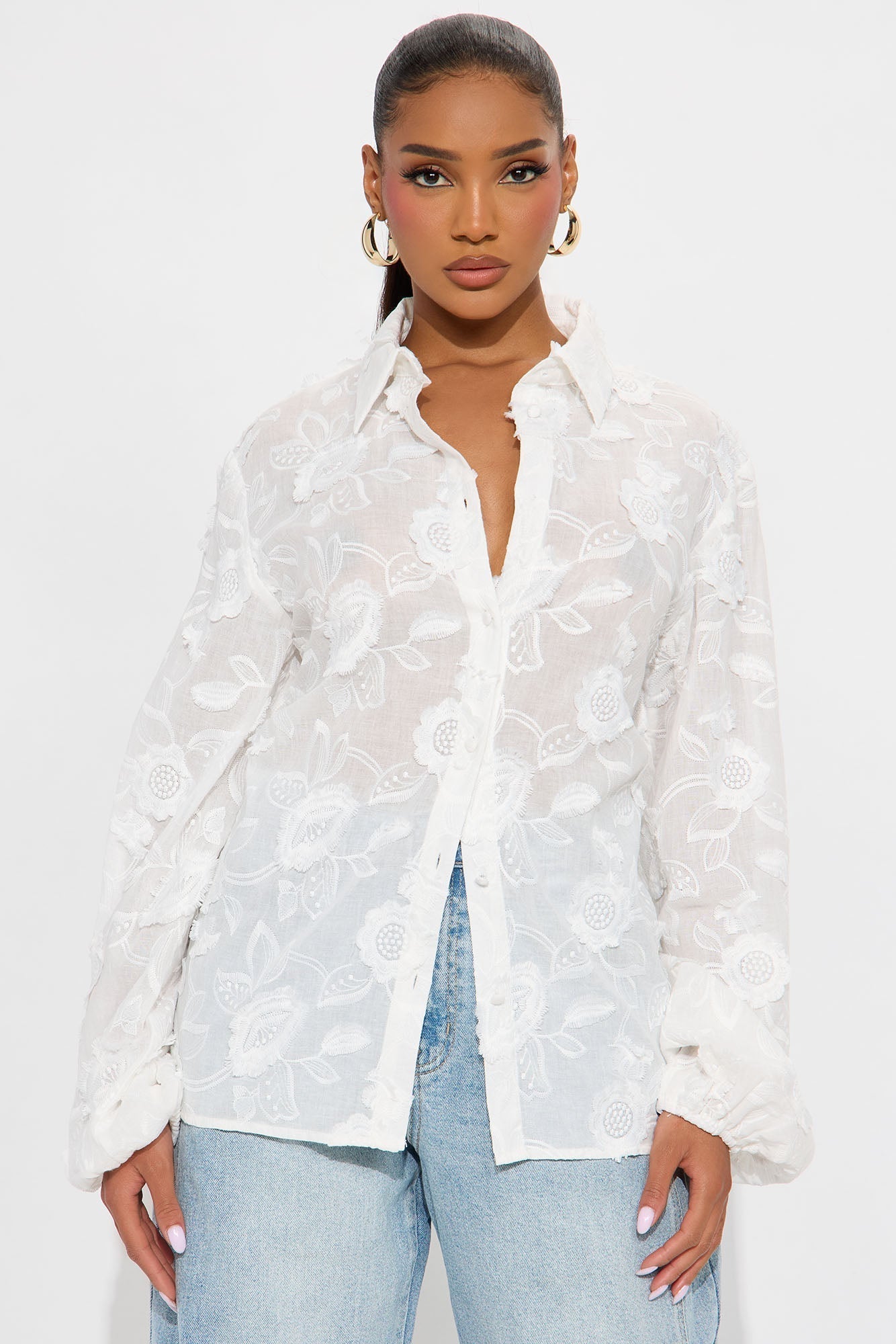 Garden Chic Floral Applique Shirt - White