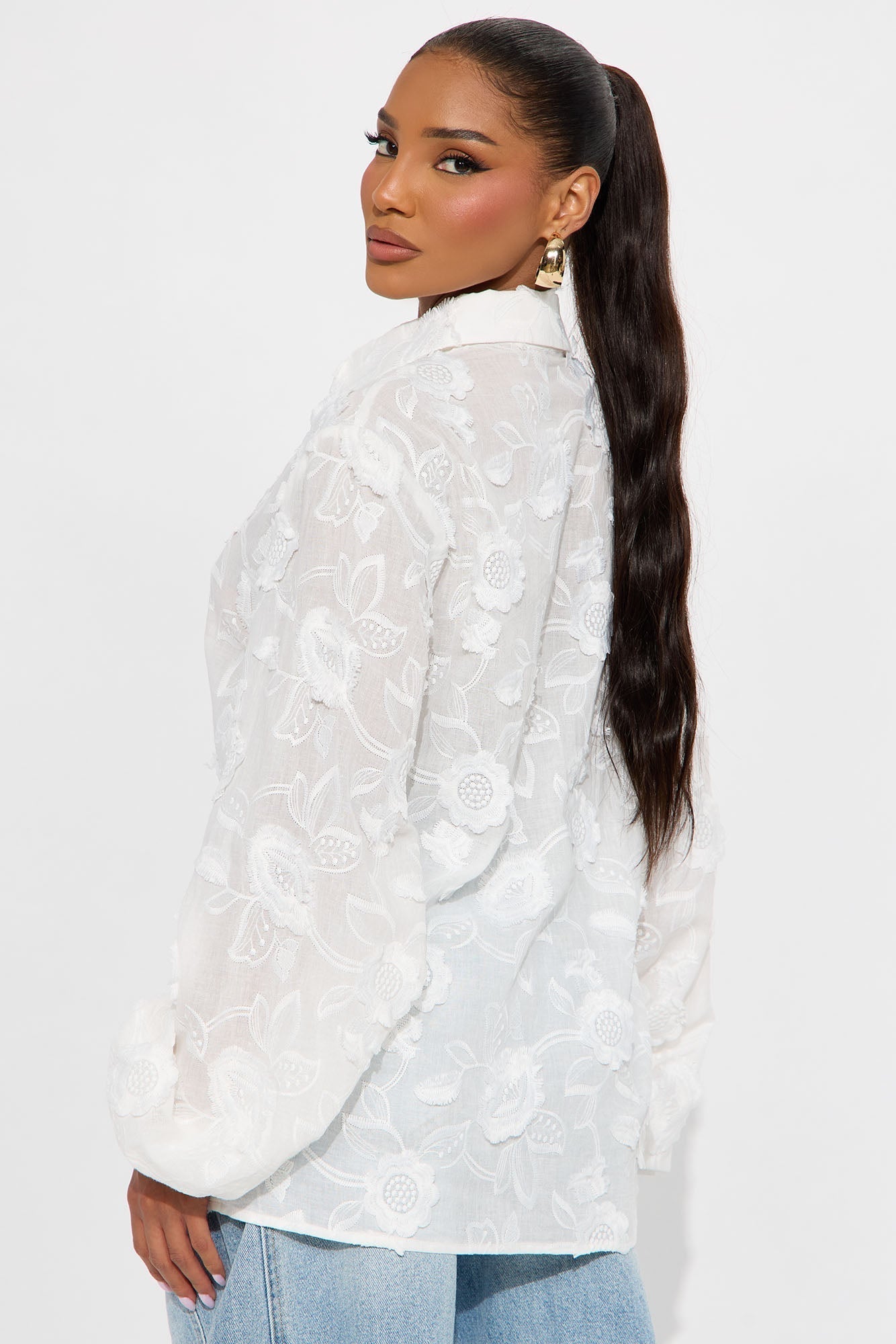 Garden Chic Floral Applique Shirt - White